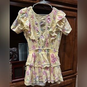 LoveShackFancy Yellow Floral Lace-Trim Sundress with Pink & Green Accents